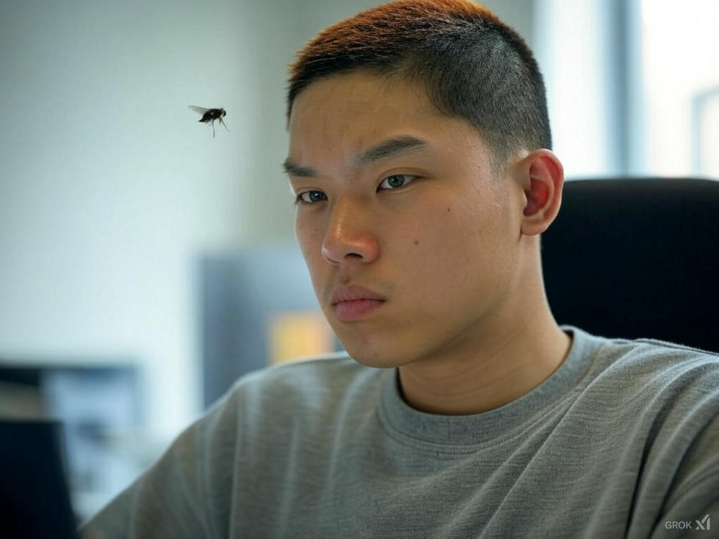 Generatie Z-medewerker gefrustreerd door micromanagement, met een vlieg symbool voor constante controle.