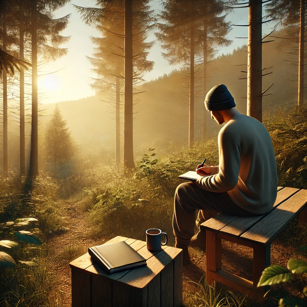 Persoon schrijft in een notitieboek in de natuur tijdens zonsopgang – symbool voor reflectie, persoonlijke groei en leiderschapsontwikkeling.