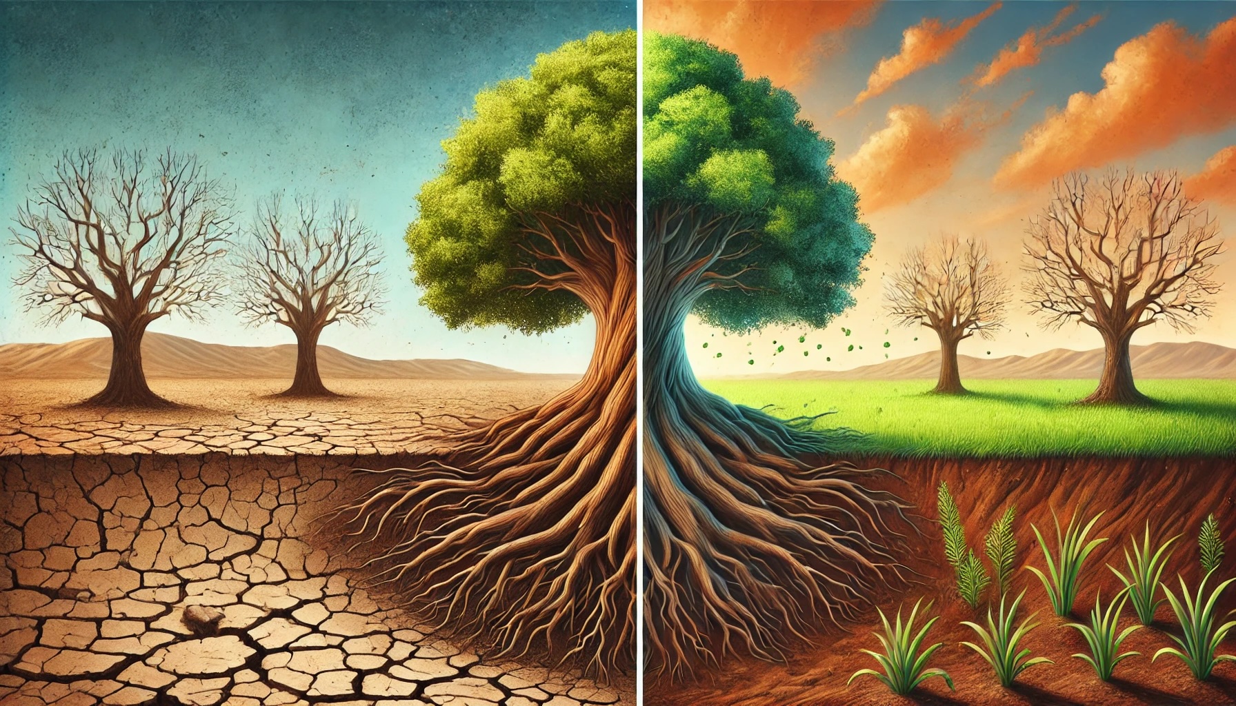Boom met holle stam en dorre wortels als metafoor voor organisatiegroei zonder voeding, naast een vitale boom die duurzaam groeit.