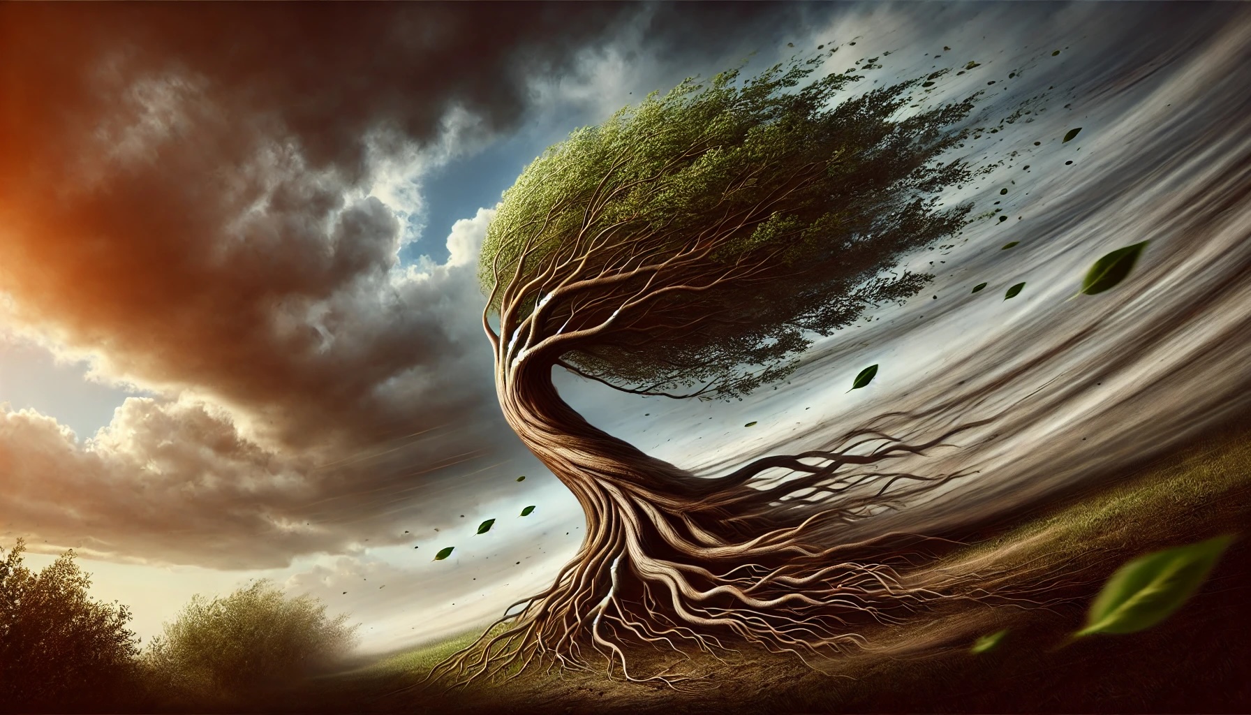 Boom die buigt in een storm, met wortels stevig in de grond – symbool voor veerkracht bij organisatieverandering.