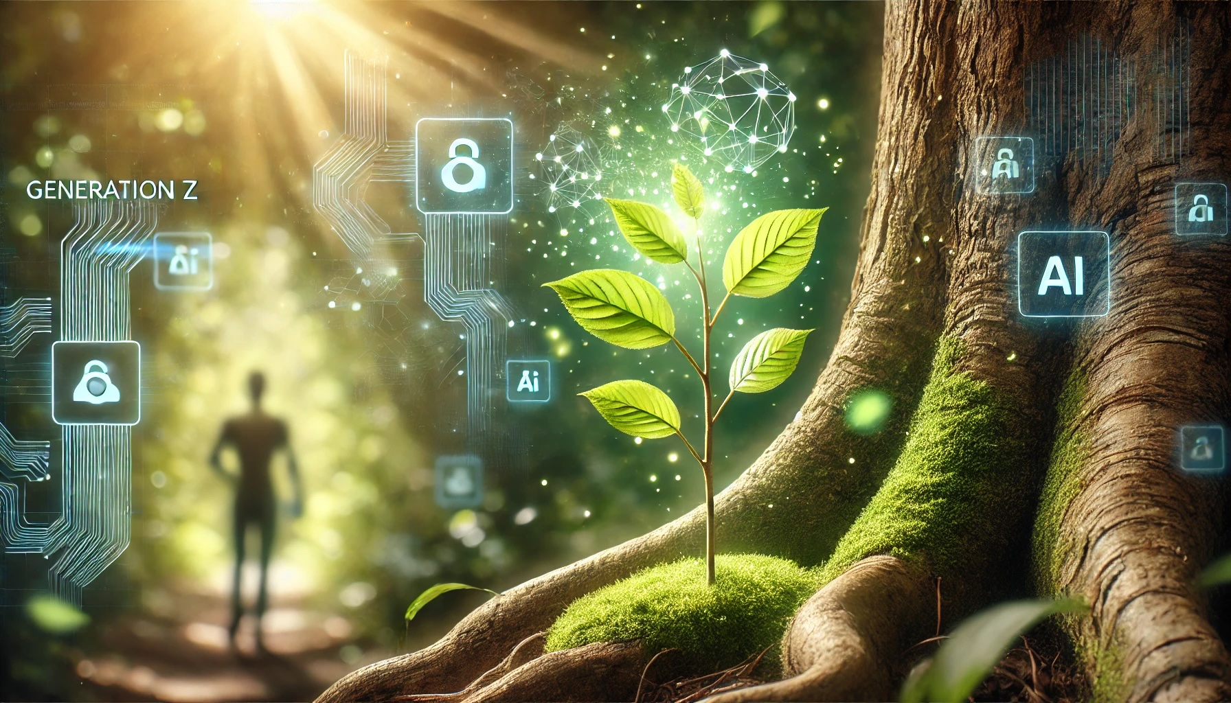 onge scheuten groeien uit een boomstam met AI-symboliek – metafoor voor hoe generatie Z werk betekenisvol wil invullen.