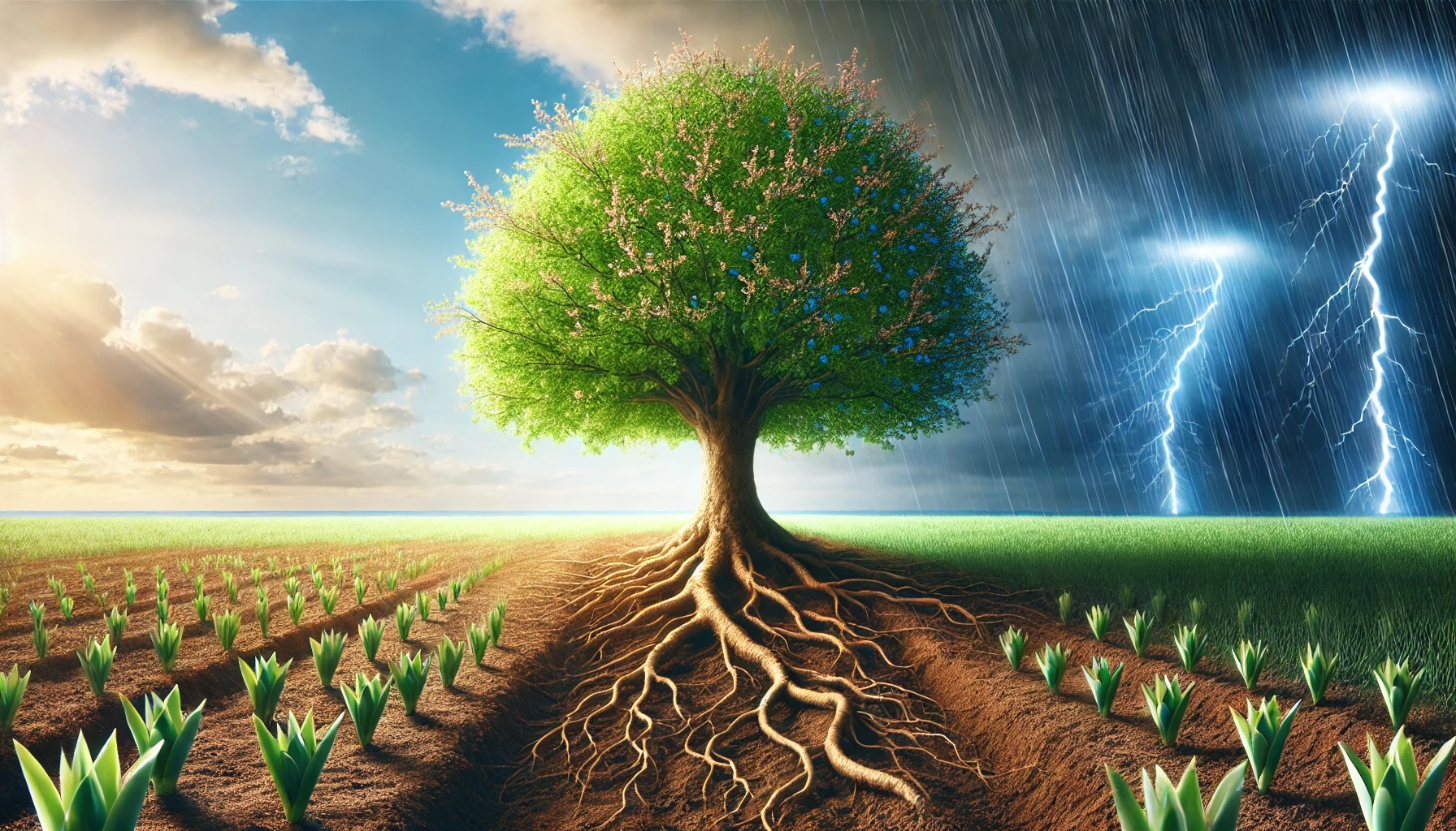 Volgroeide boom in bloei met sterke wortels – visuele weergave van een organisatie die floreert door systemisch werken.