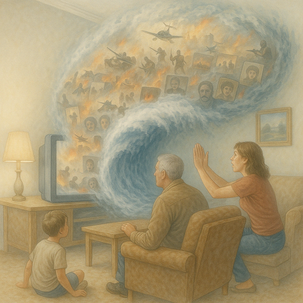 Een gezin kijkt naar een televisiegolf van oorlog en chaos die hun woonkamer binnenstormt – een treffend beeld van hoe externe druk leiderschap, persoonlijke groei en het werk van een organisatiecoach beïnvloedt.