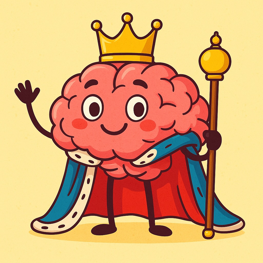 Cartoon van een brein als eerste minister met kroon en scepter – symbolisch voor het hoofd dat de leiding wil nemen, in contrast met innerlijke leiding en intuïtief weten.