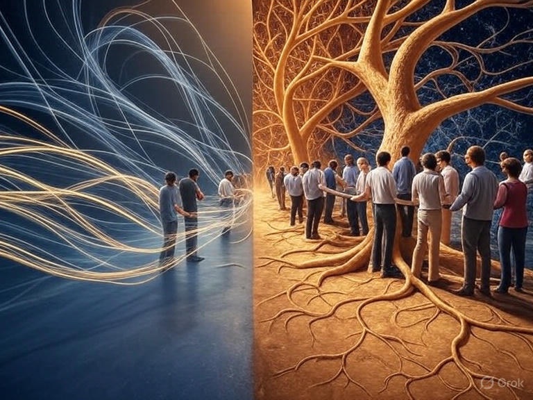 Visuele weergave van het systeemveld: links energie en informatie als lichtgolven, rechts mensen verbonden via boomwortels als metafoor voor systemisch werken en kwantumfysica.