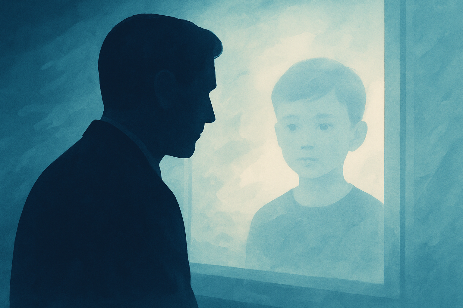 Silhouet van een man die naar zijn jongere zelf kijkt in een reflectie, symbool voor persoonlijke groei en bewustwording binnen systemische vraagstukken.