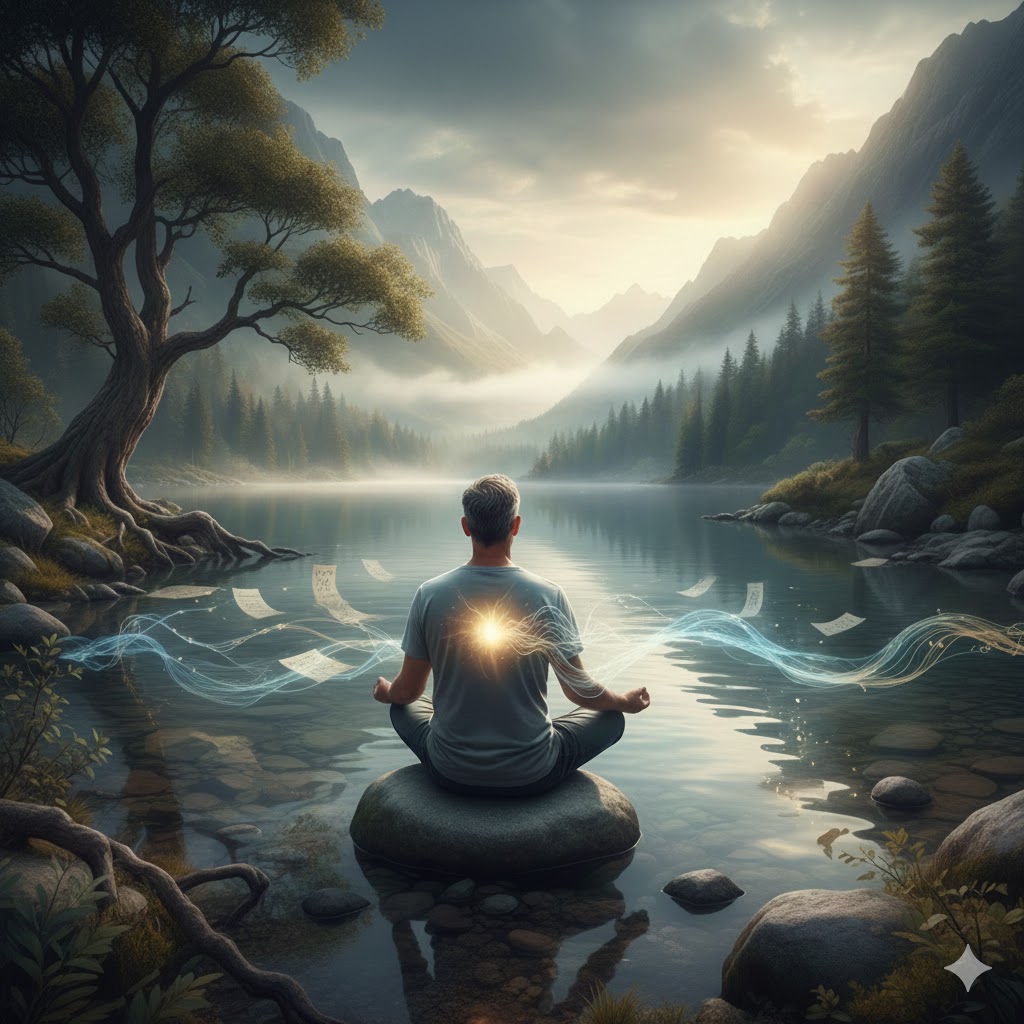 Man in reflectie bij een verstild bergmeer, symbool voor de rust en innerlijke bron van bezield leiderschap.