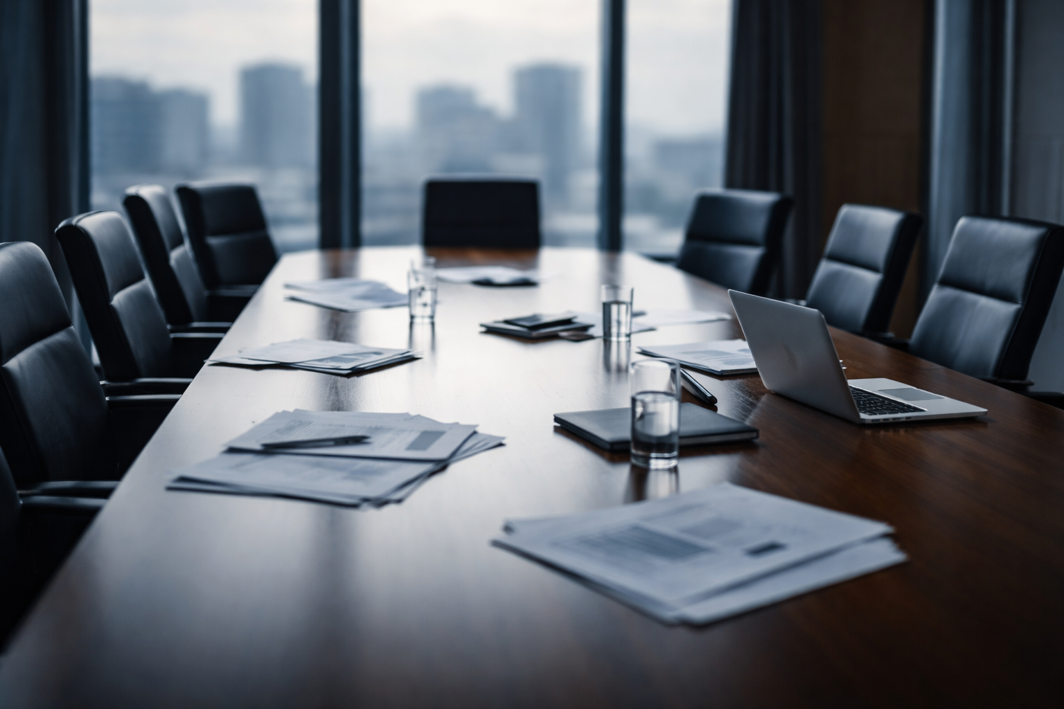 Lege vergadertafel in een bestuurskamer met documenten en laptops, symbool voor leiderschap dat plannen maakt zonder echte aanwezigheid.