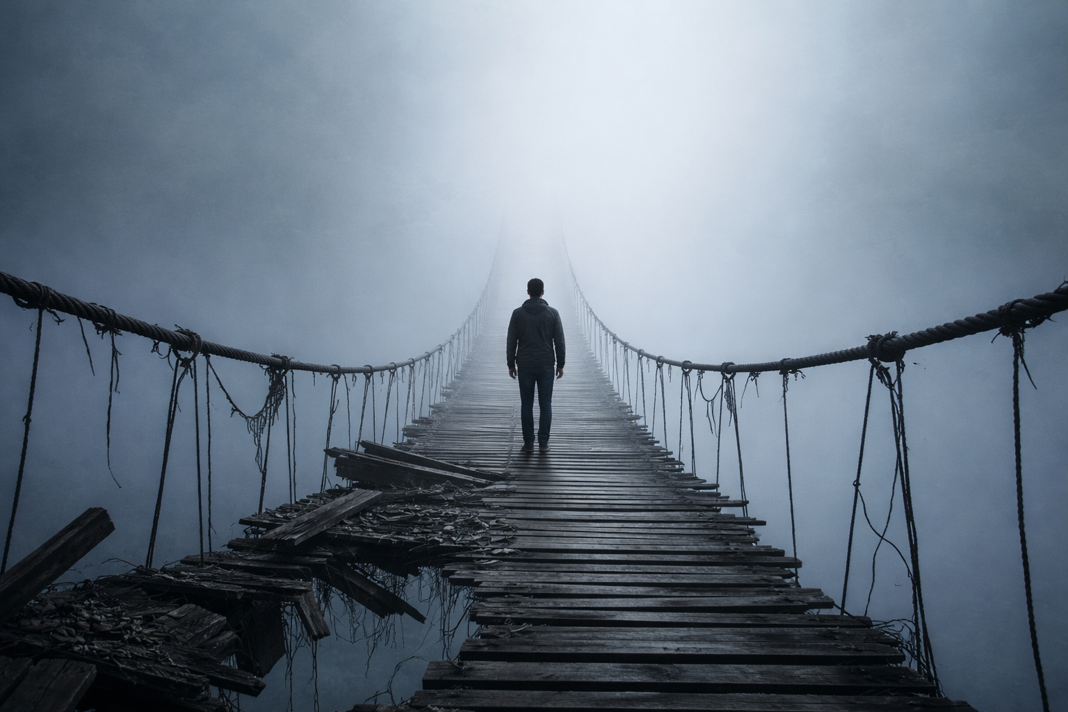 Een persoon staat op een brug; achter hem brokkelt de brug af, voor hem verdwijnt de brug in de mist.