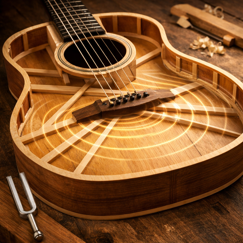Opengewerkte akoestische gitaar met zichtbaar klankbord dat de trillingen van de snaren versterkt en resoneert