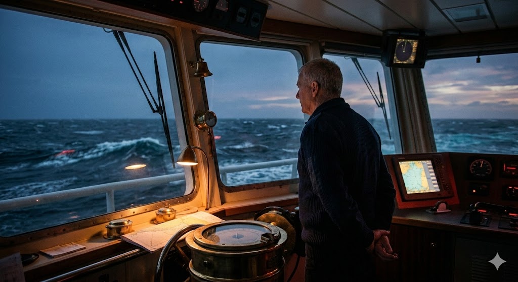 Een ervaren kapitein staat kalm op de warme, verlichte brug van een schip en kijkt uit over een donkere, onrustige oceaan.