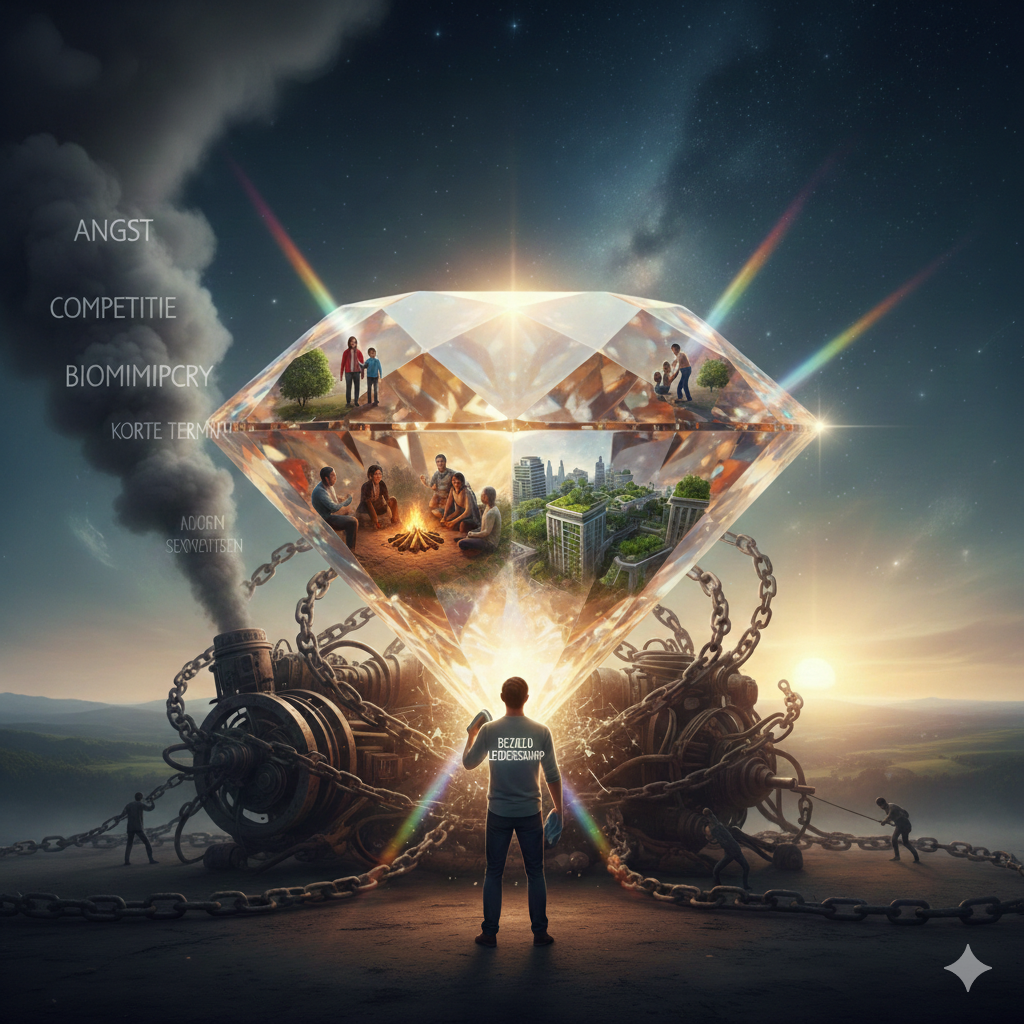 Een conceptuele afbeelding van een gigantische, lichtgevende diamant die boven een donkere, mechanische ondergrond van roestige machines en kettingen zweeft. In de facetten van de diamant zijn scènes te zien van harmonie, natuur en menselijke verbinding, zoals mensen bij een kampvuur en groene steden. Op de voorgrond staat een persoon met zijn rug naar de kijker, die met een lichtbron de diamant beschijnt. Aan de linkerzijde stijgt rook op met woorden als 'ANGST' en 'COMPETITIE', die vervagen naarmate ze het licht van de diamant naderen.