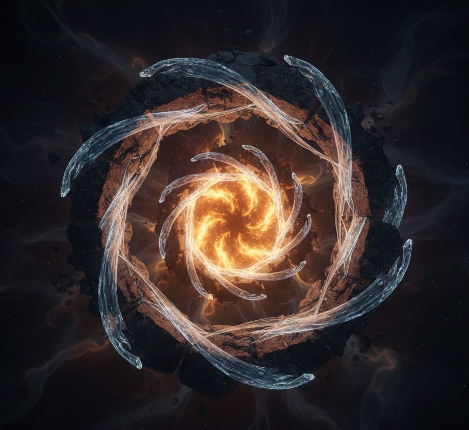 Abstracte weergave van een transformatiecirkel met een gloeiende kern van vuur, symboliserend de beweging van stagnatie naar nieuwe bezieling bij Rijpkema Advies Groep.