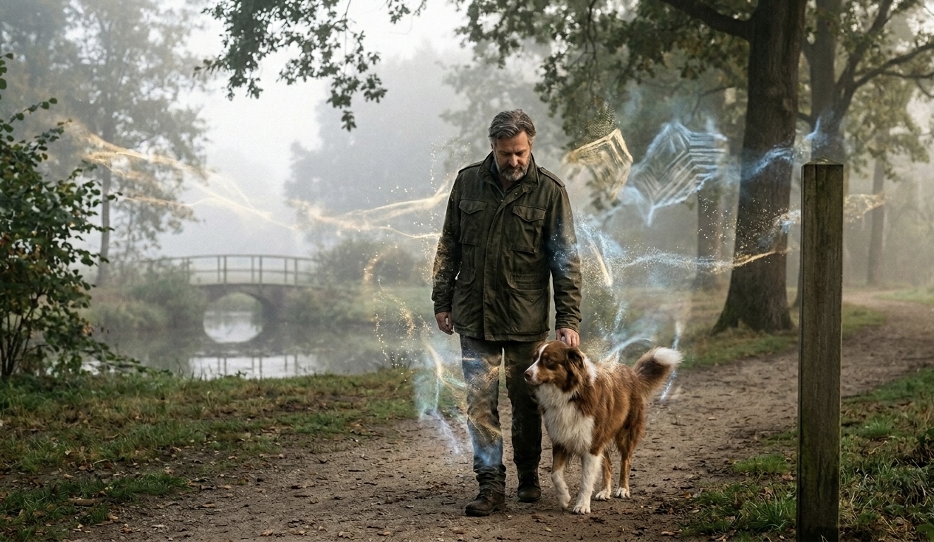 Fotorealistische afbeelding van een man en een hond op een mistig bospad, omgeven door abstracte, goudkleurige en blauwe energetische lichtpatronen.