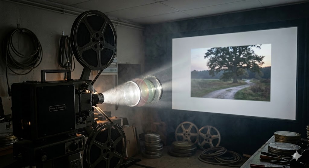 Een fotorealistische weergave van Benno Rijpkema's Architectuur van Perceptie: de projector (het brein) stuurt licht door filters van conditionering naar het witte doek (bewustzijn).