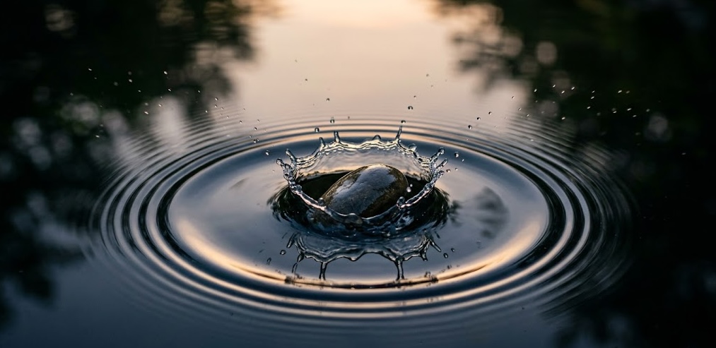 Een steen valt in stil water en creëert rimpels - metafoor voor de wet van de rimpeling in leiderschap