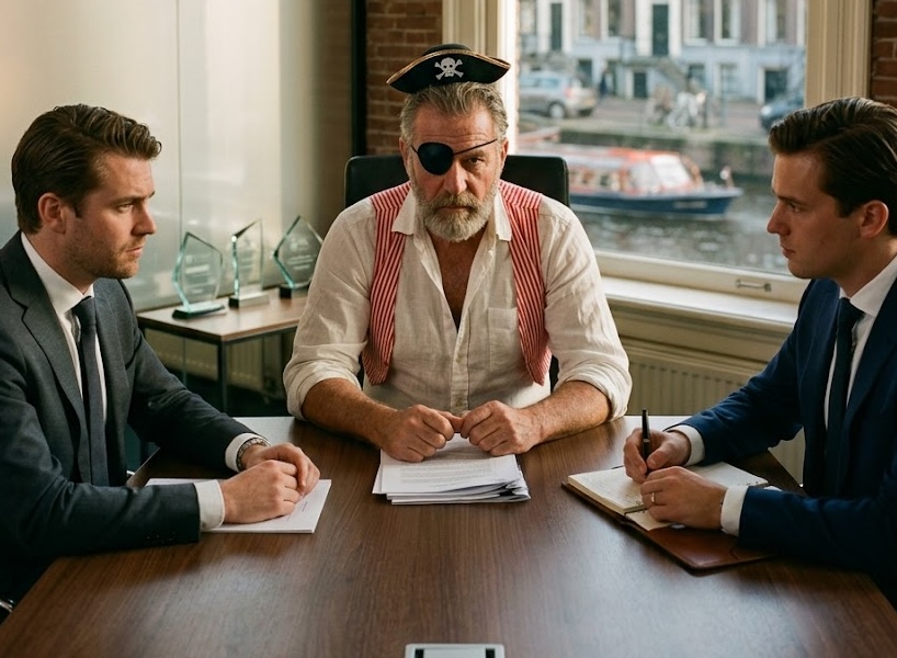 Leider in piratenpakje leidt een serieuze vergadering in Amsterdam - over identiteit en de verhalen die we dragen